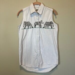 Vintage Absolutely‎ At Last Zebra Embroidered Sleeveless Denim Shirt Small